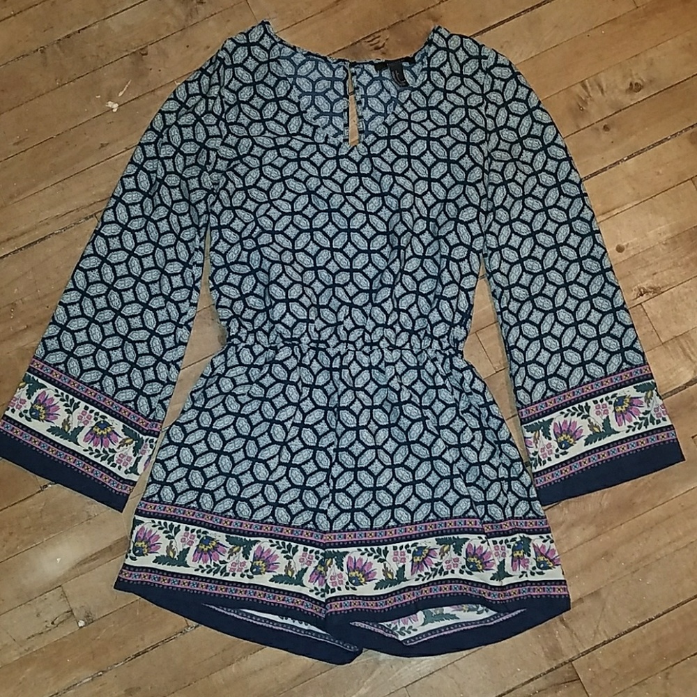 Forever 21 LS Boho Romper Medallion+Floral Print